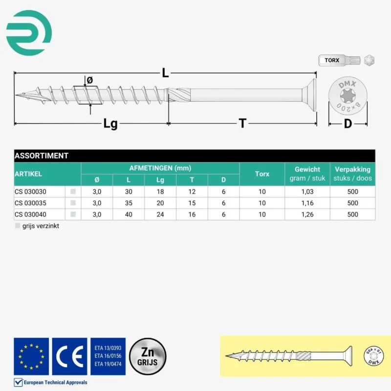 REZU - Schroeven - Constructieschroeven CS - Spaanplaatschroef grijs verzinkt - Assortiment Ø 3,0 mm