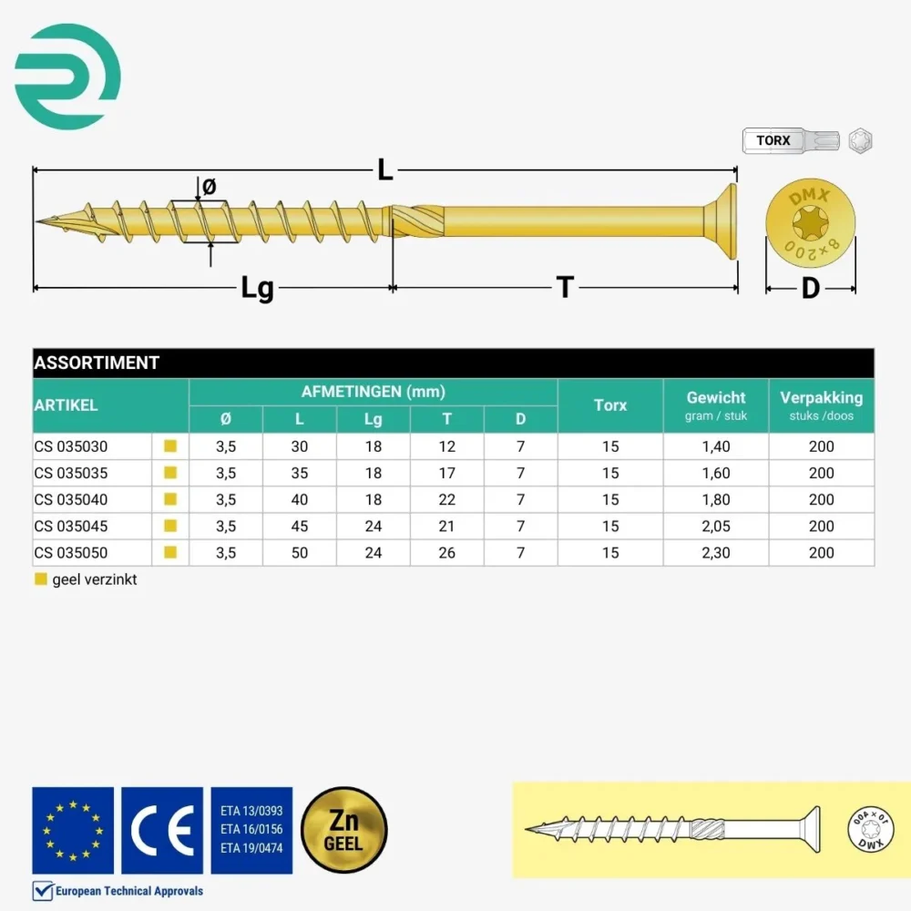 REZU - Schroeven - Constructieschroeven CS - Spaanplaatschroef geel verzinkt - Assortiment Ø 3,5 mm